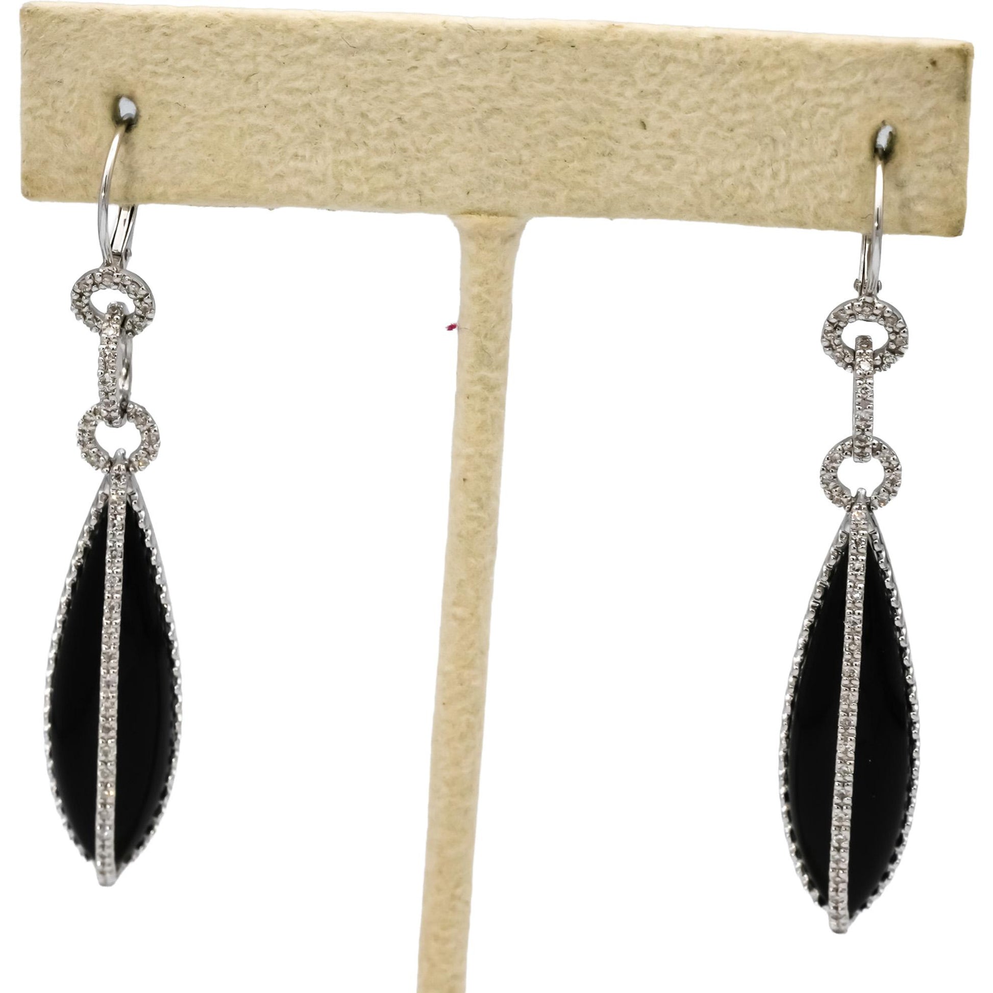 14k White Gold Round Diamond and Cabochon Onyx Drop Dangle Earrings 0.20CT