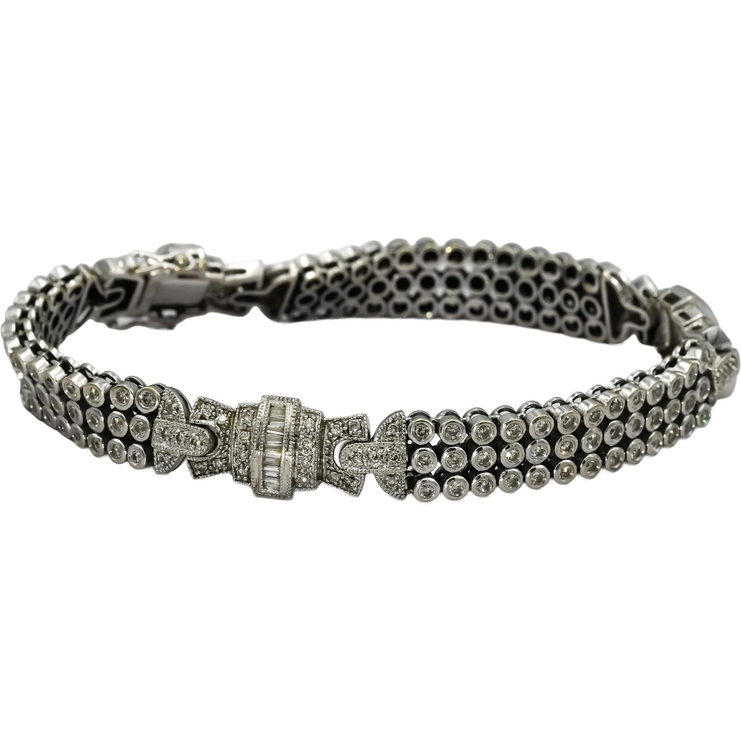 14k White Gold Round and Baguette Cut Diamond Fancy Link Bracelet 3.35CT