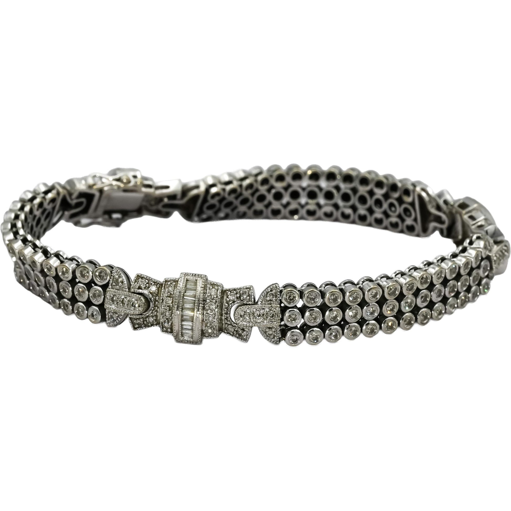 14k White Gold Round and Baguette Cut Diamond Fancy Link Bracelet 3.35CT
