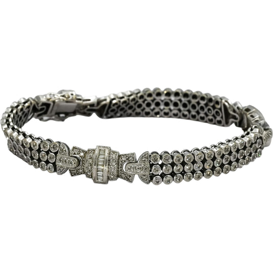 14k White Gold Round and Baguette Cut Diamond Fancy Link Bracelet 3.35CT
