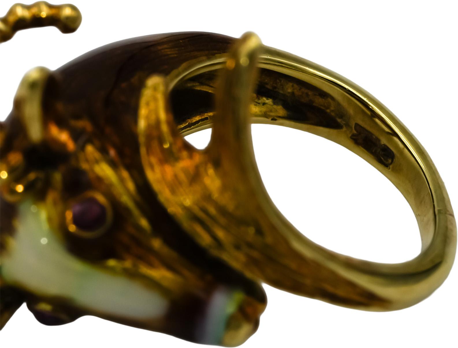 14k Yellow Gold Ruby and Enamel Rams Head Ring Size 5.25