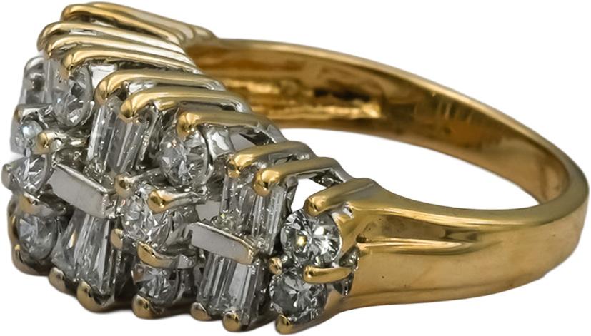 14k Yellow Gold Round and Baguette Diamond Cluster Ring 2.0CT Size 7.25