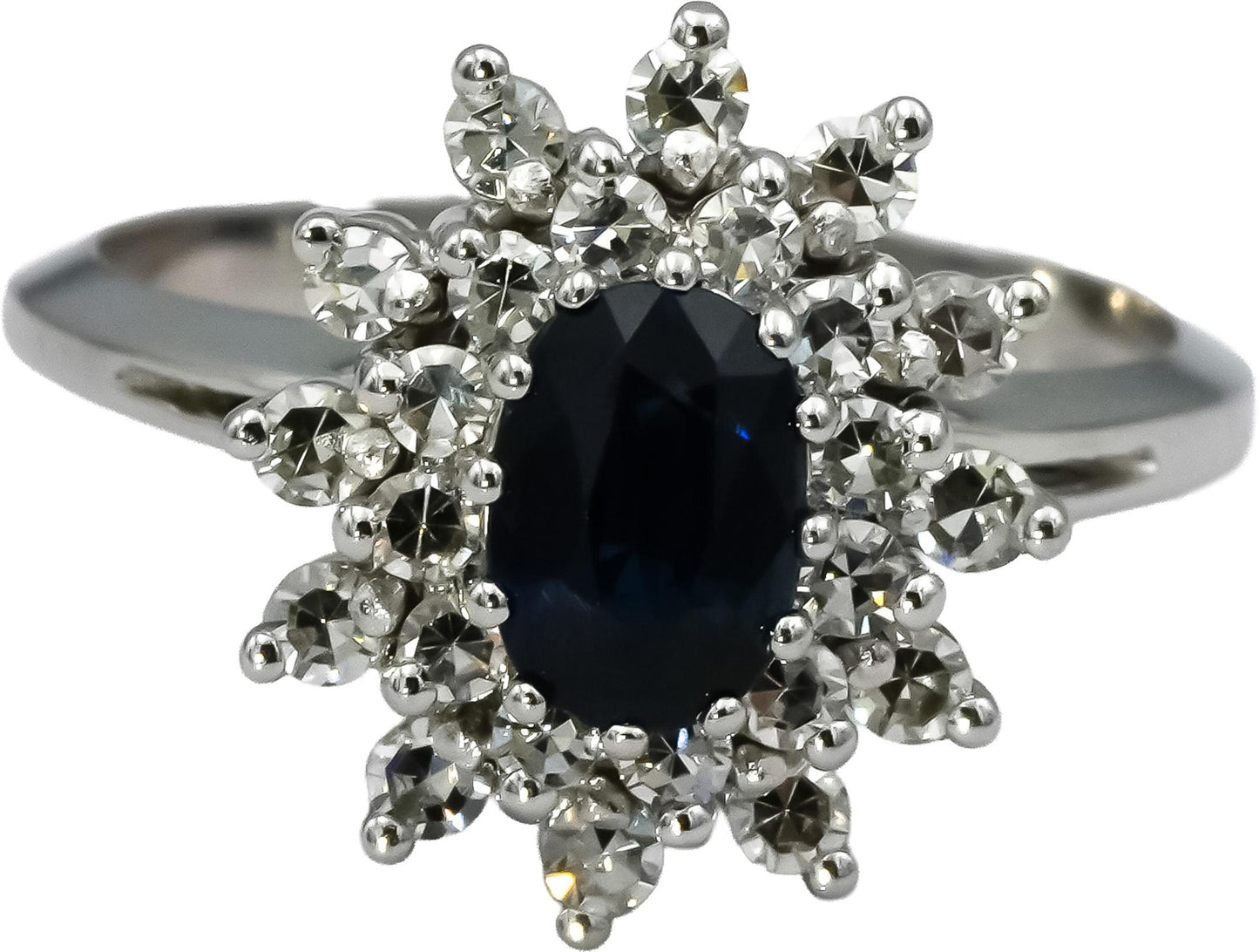 14k White Gold Round Diamond and Oval Sapphire Cocktail Ring 1.10CT Size 7