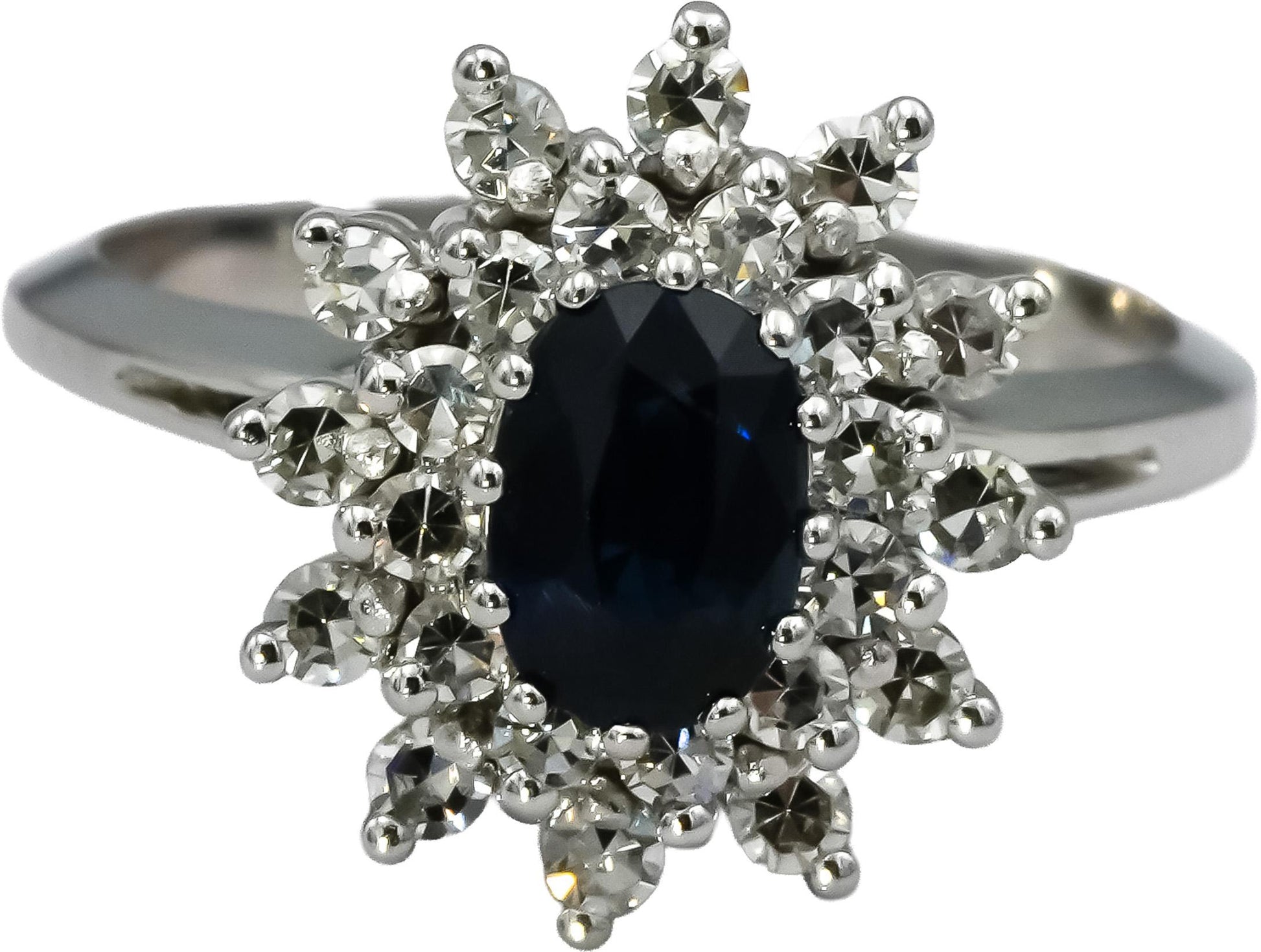 14k White Gold Round Diamond and Oval Sapphire Cocktail Ring 1.10CT Size 7