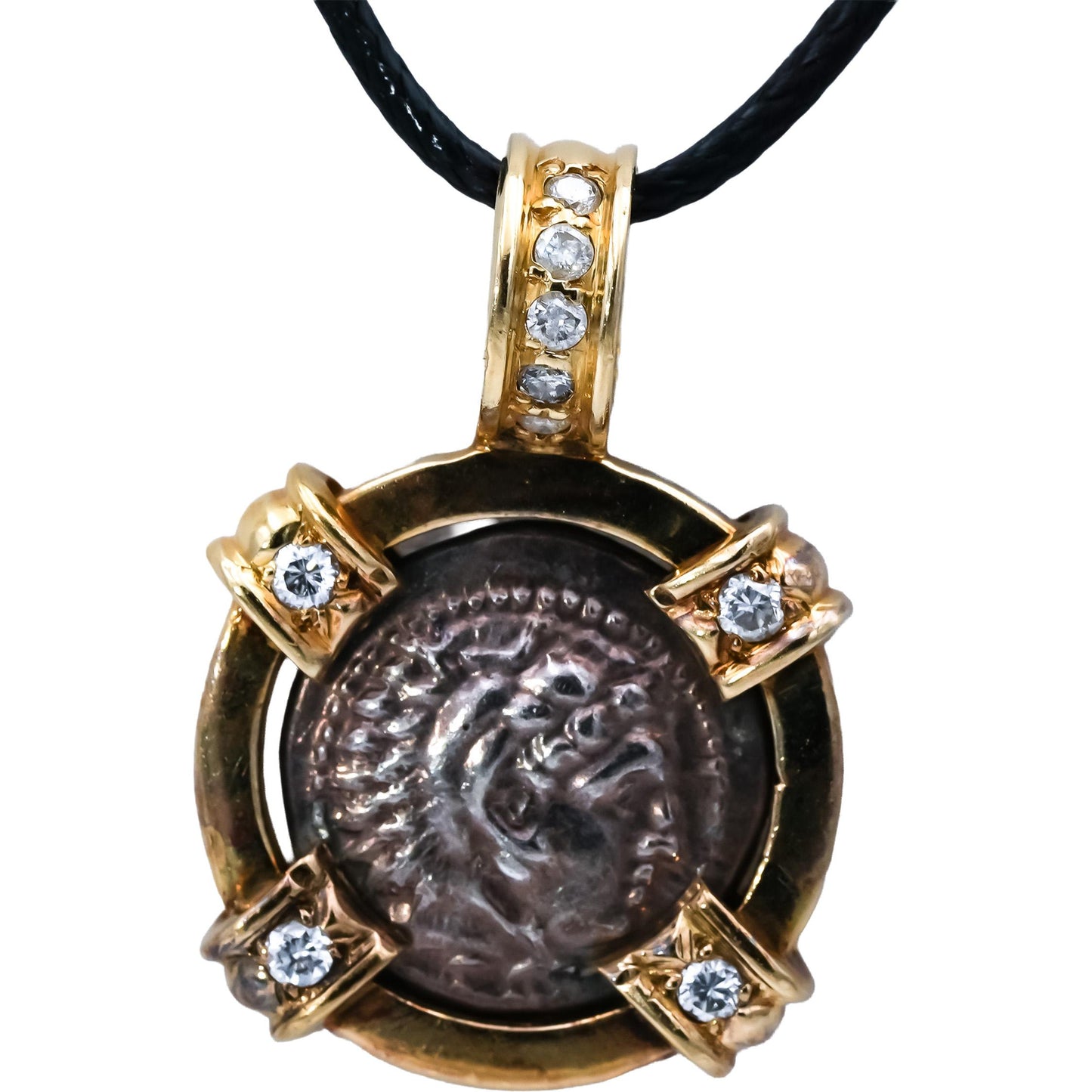 18k Yellow Gold Round Diamond Ancient Coin Pendant Necklace 0.30CT