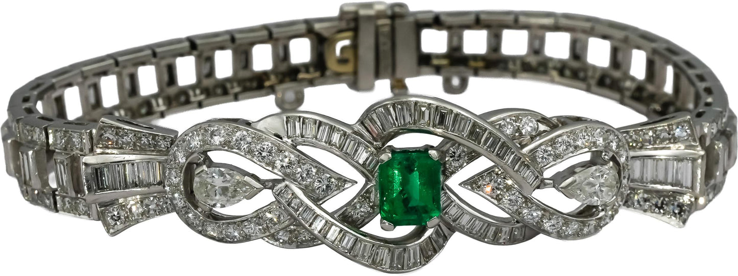 Vintage Antique Deco Platinum VS Diamond and Emerald Bracelet 6.50-7.0CT