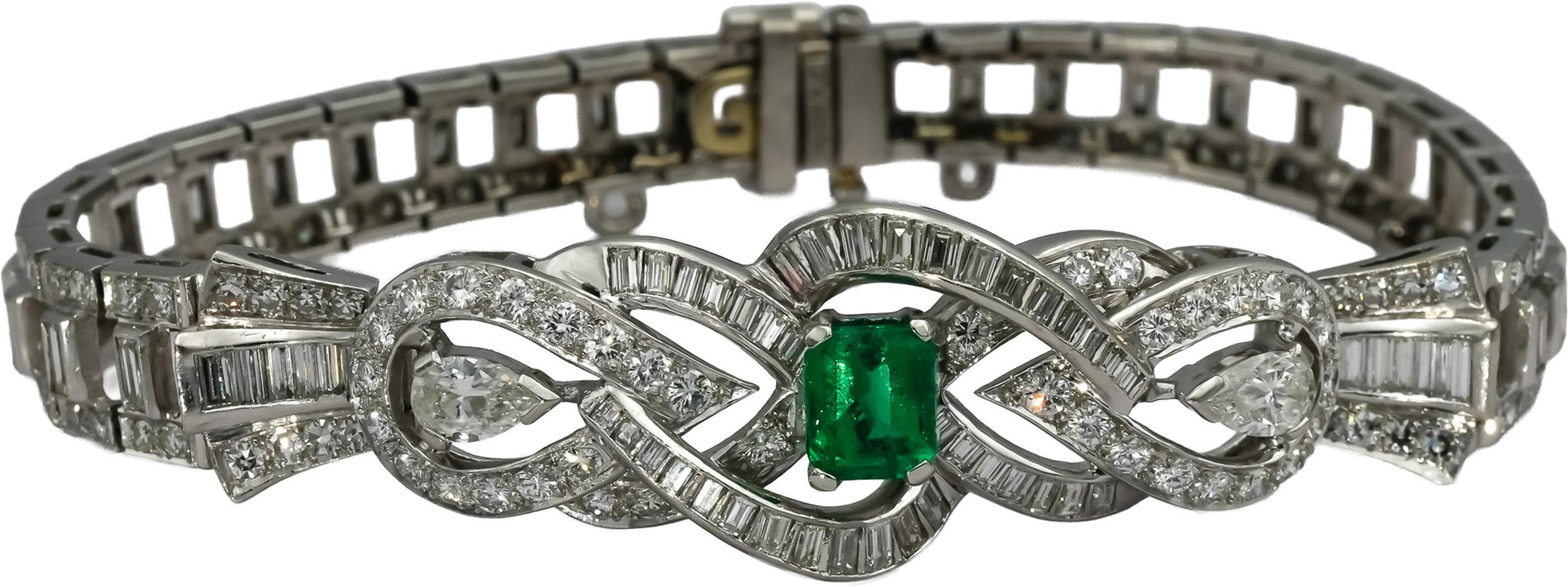 Vintage Antique Deco Platinum VS Diamond and Emerald Bracelet 6.50-7.0CT