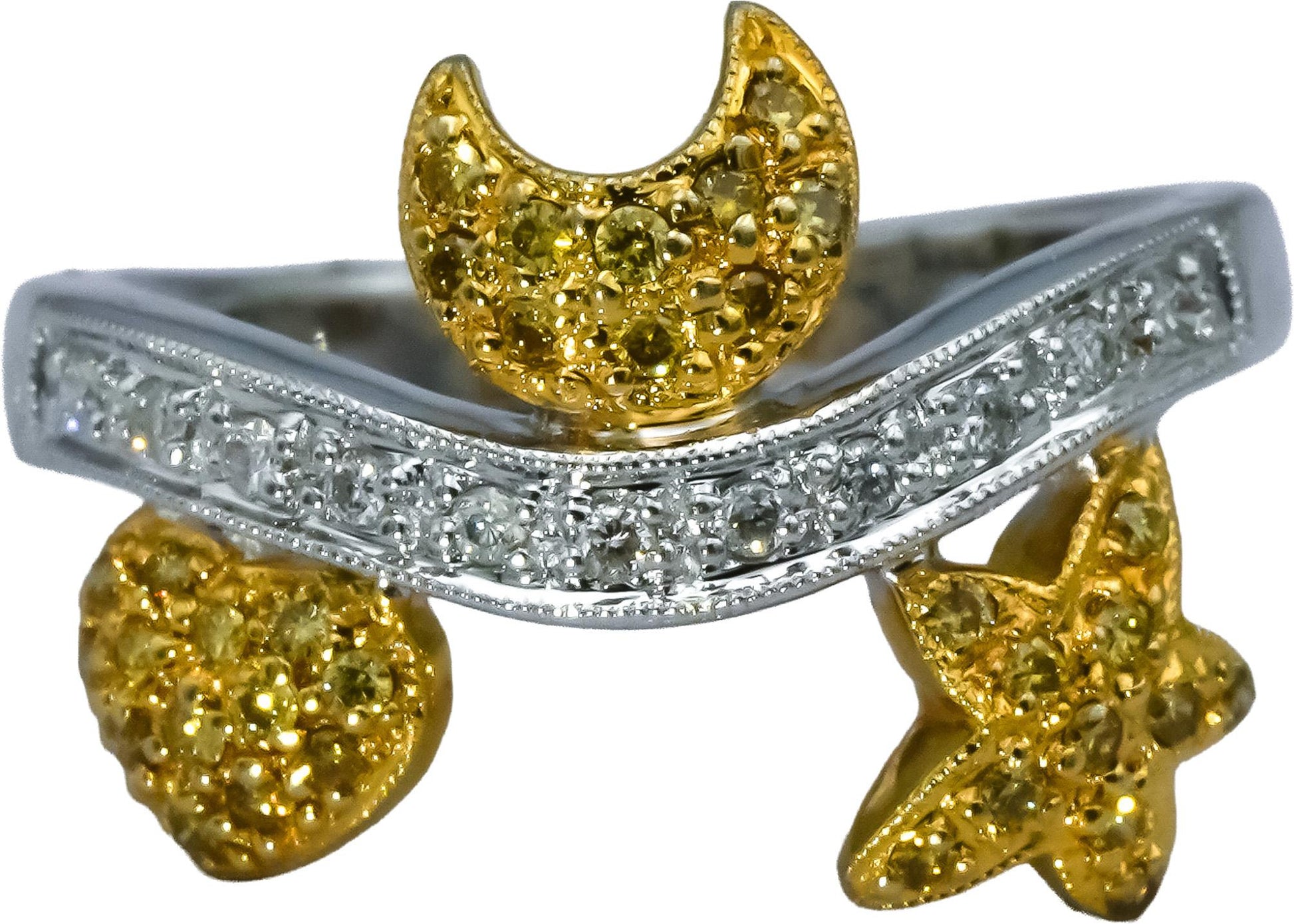 18k White and Yellow Gold Round Diamond Heart Moon Star Ring 0.30CT Size 6.5