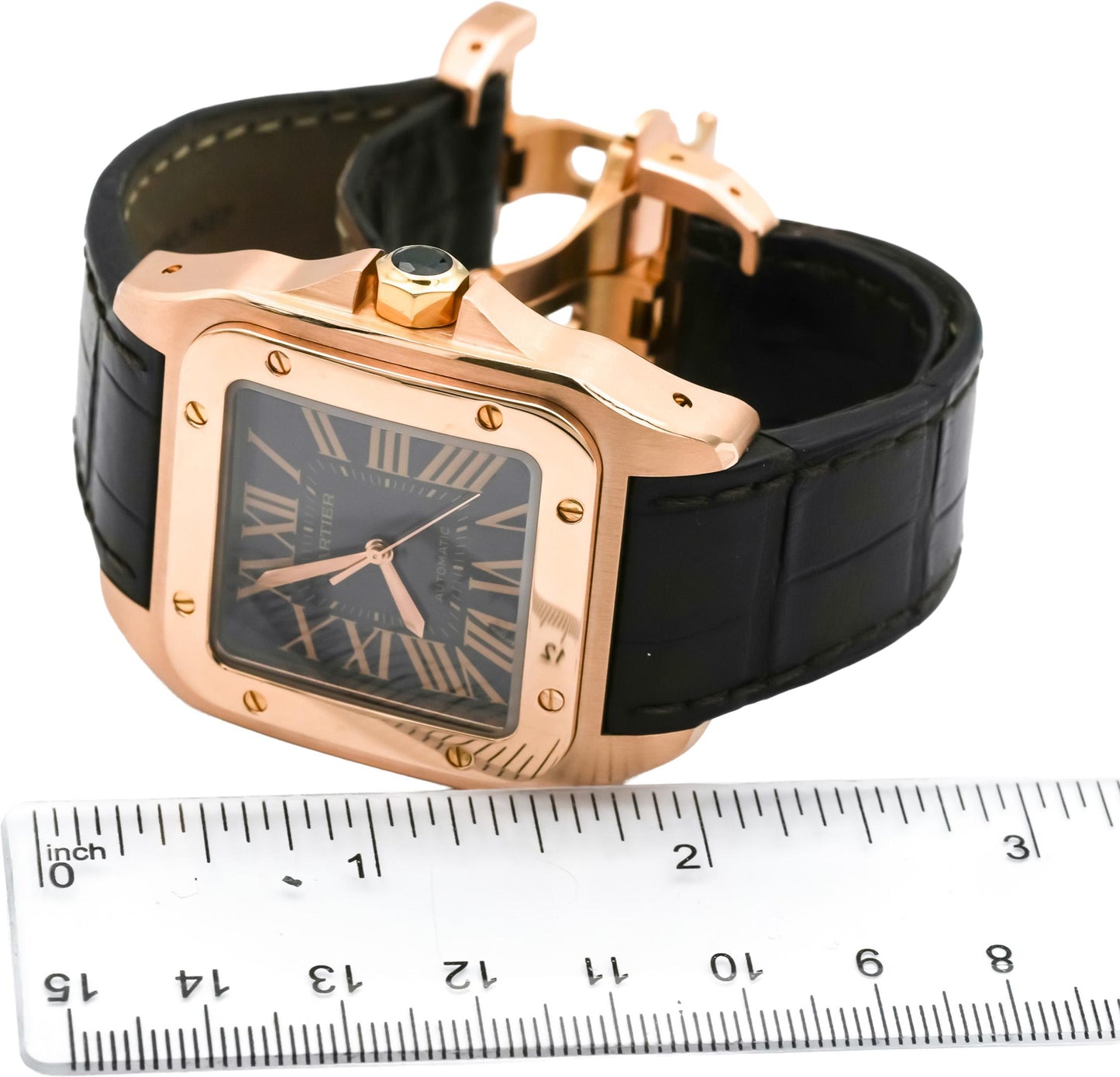 CARTIER 18k Rose Gold Black Dial Santos 100 XL Automatic Watch Ref 2792