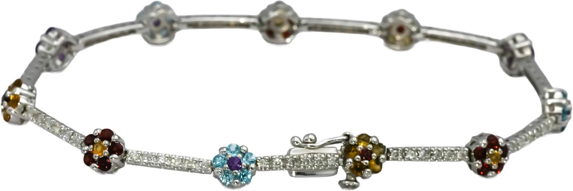 14k White Gold Round Diamond and Multi Color Gemstone Flower Bracelet 0.50CT