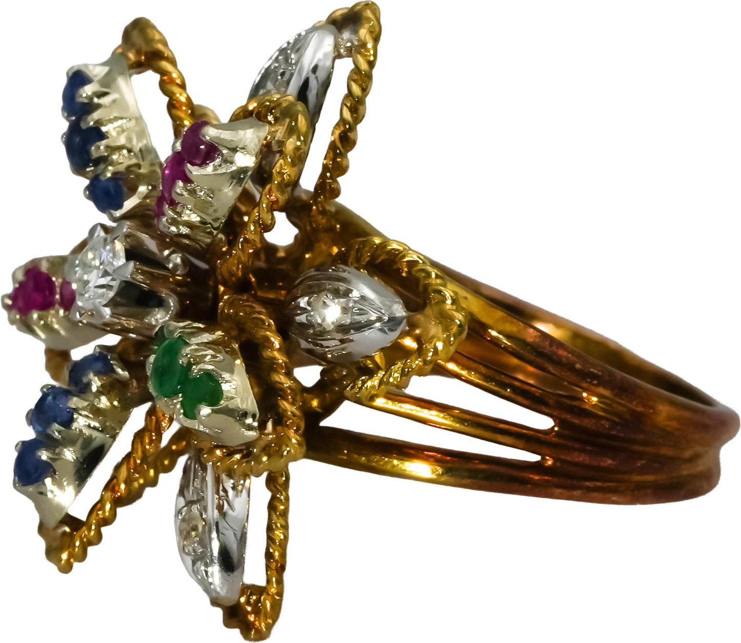 Vintage 18k White Yellow Gold Diamond Ruby Emerald Flower Ring .60CT Size 6.5