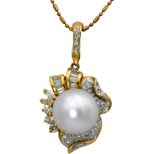18k Yellow Gold VS Diamond and 12.5mm Pearl Pendant Necklace 0.75CT