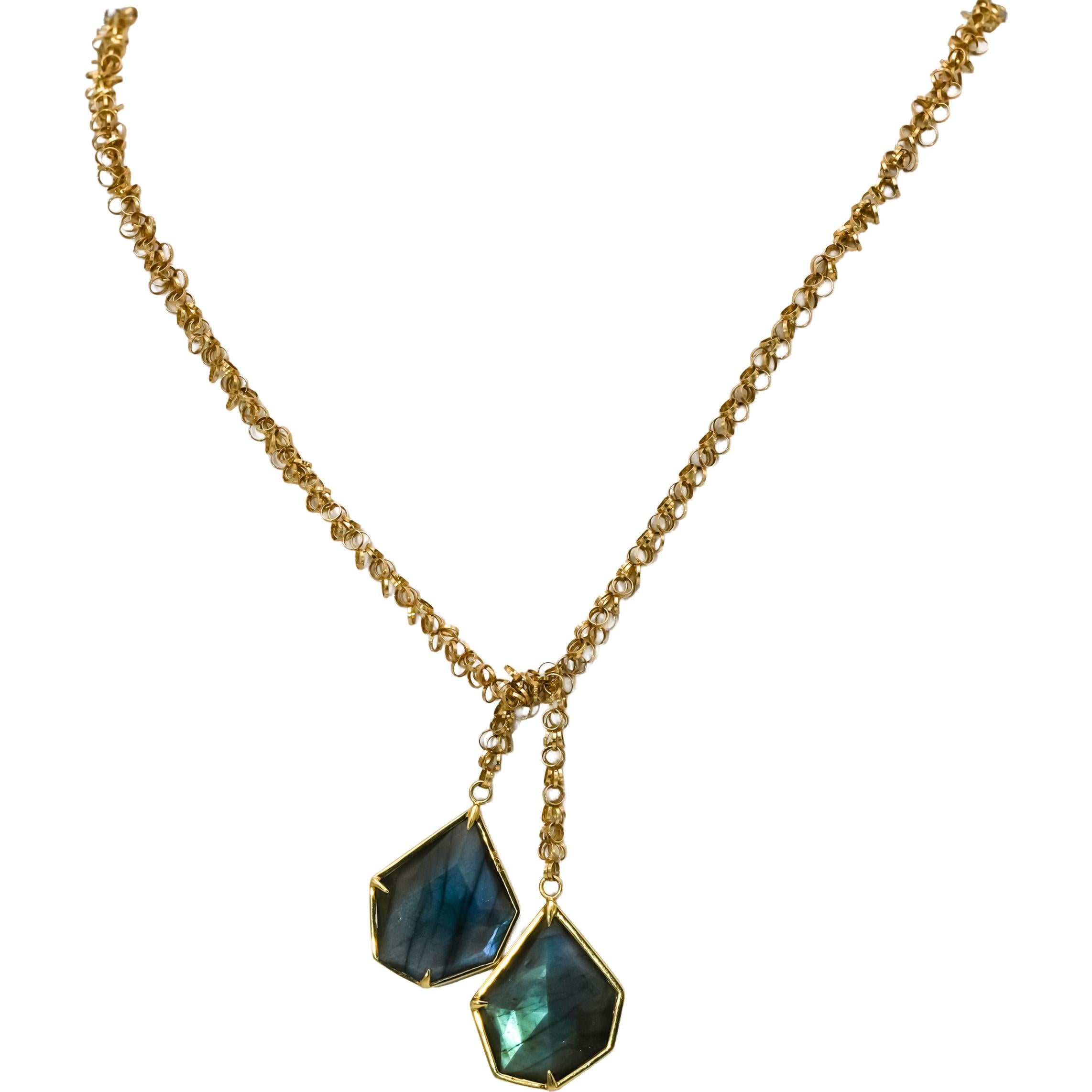 18k Yellow Gold Fancy Cut Labradorite Tassel Necklace 30.0CT