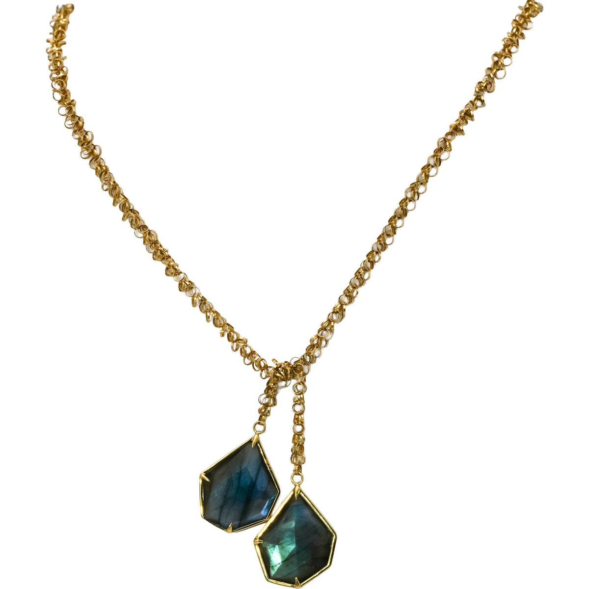 18k Yellow Gold Fancy Cut Labradorite Tassel Necklace 30.0CT