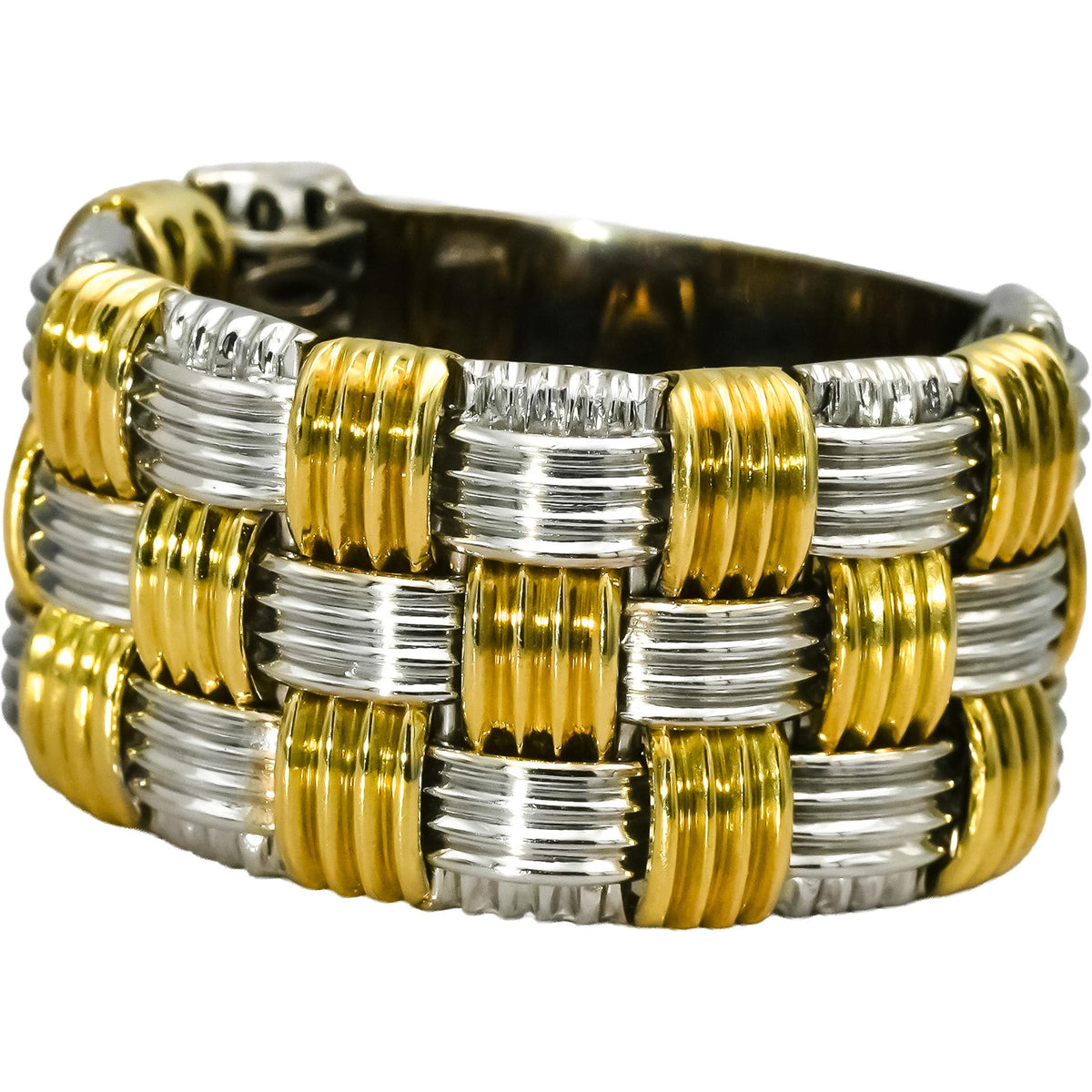 ROBERTO COIN 18k Yellow White Gold Basketweave Statement Flexible Ring Size 8