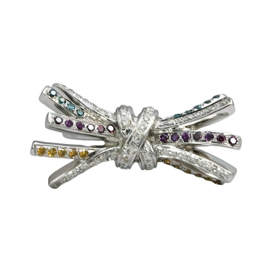 14k White Gold Multi-Color Diamond Bow Ribbon Ring 0.35CT Size 6