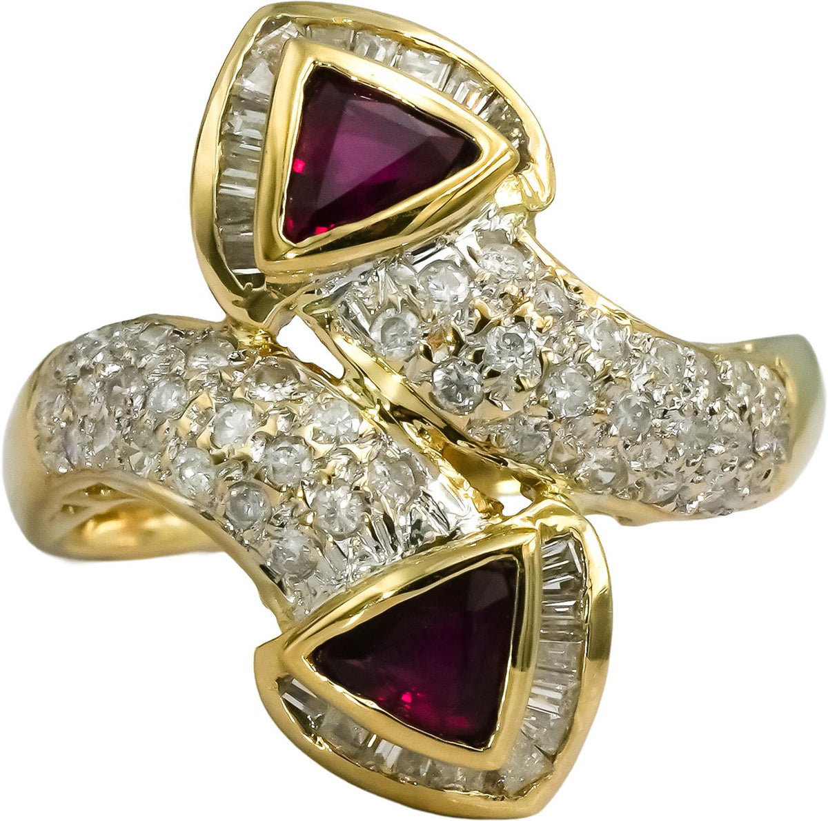 18k Yellow Gold Diamond and Ruby Cluster Bypass Ring 1.60CT Size 6.75