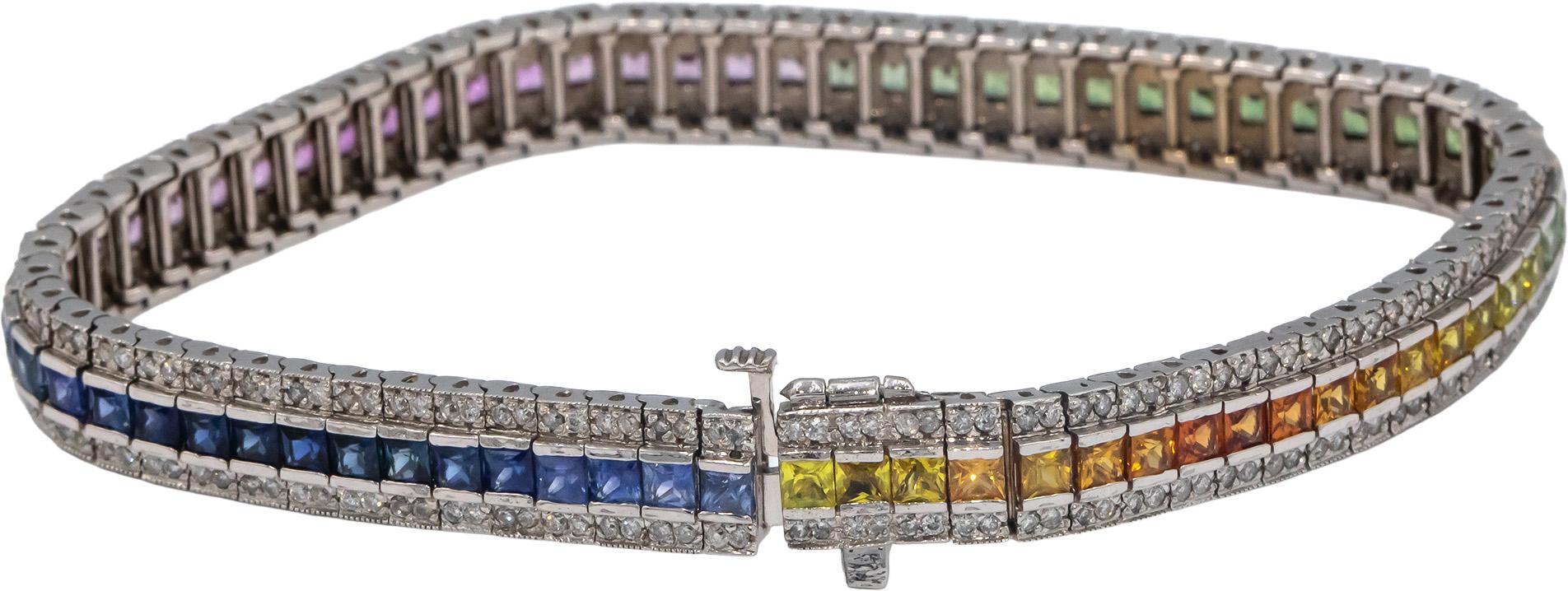 14k White Gold Diamond and Rainbow Sapphire Fancy Tennis Bracelet 8.50CT