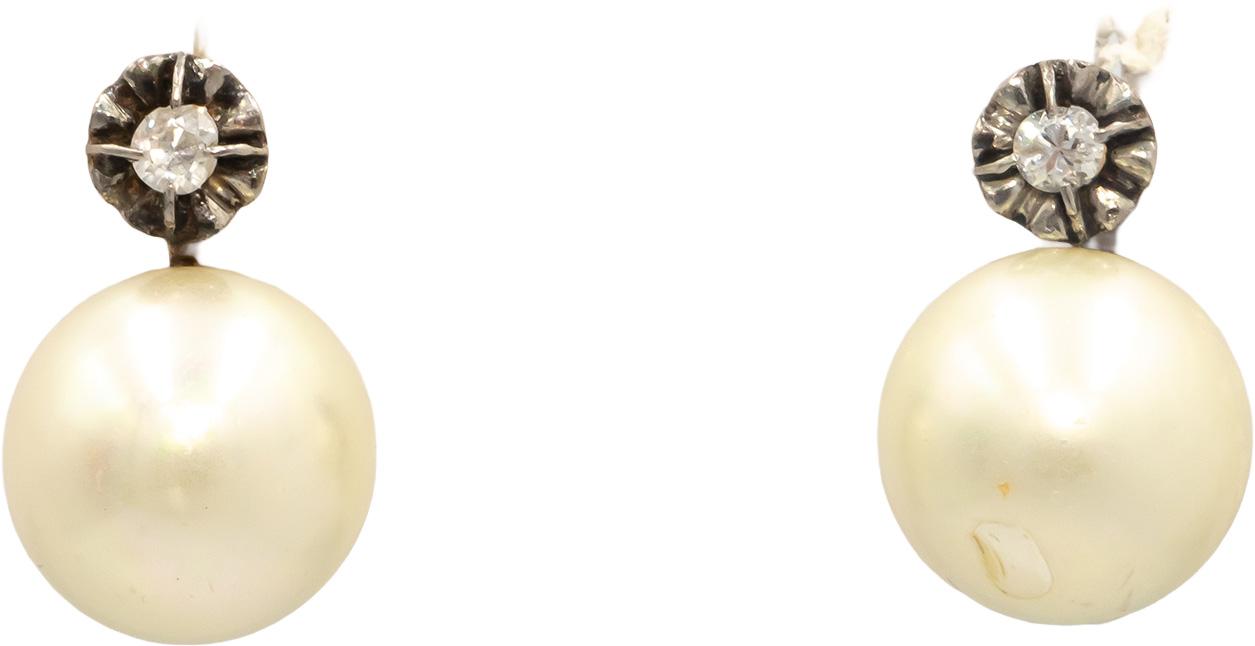 Antique 18K Gold Sterling Silver 0.10CT Diamond and 10mm Pearl Stud Earrings