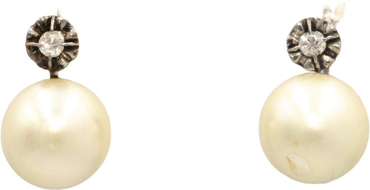 Antique 18K Gold Sterling Silver 0.10CT Diamond and 10mm Pearl Stud Earrings