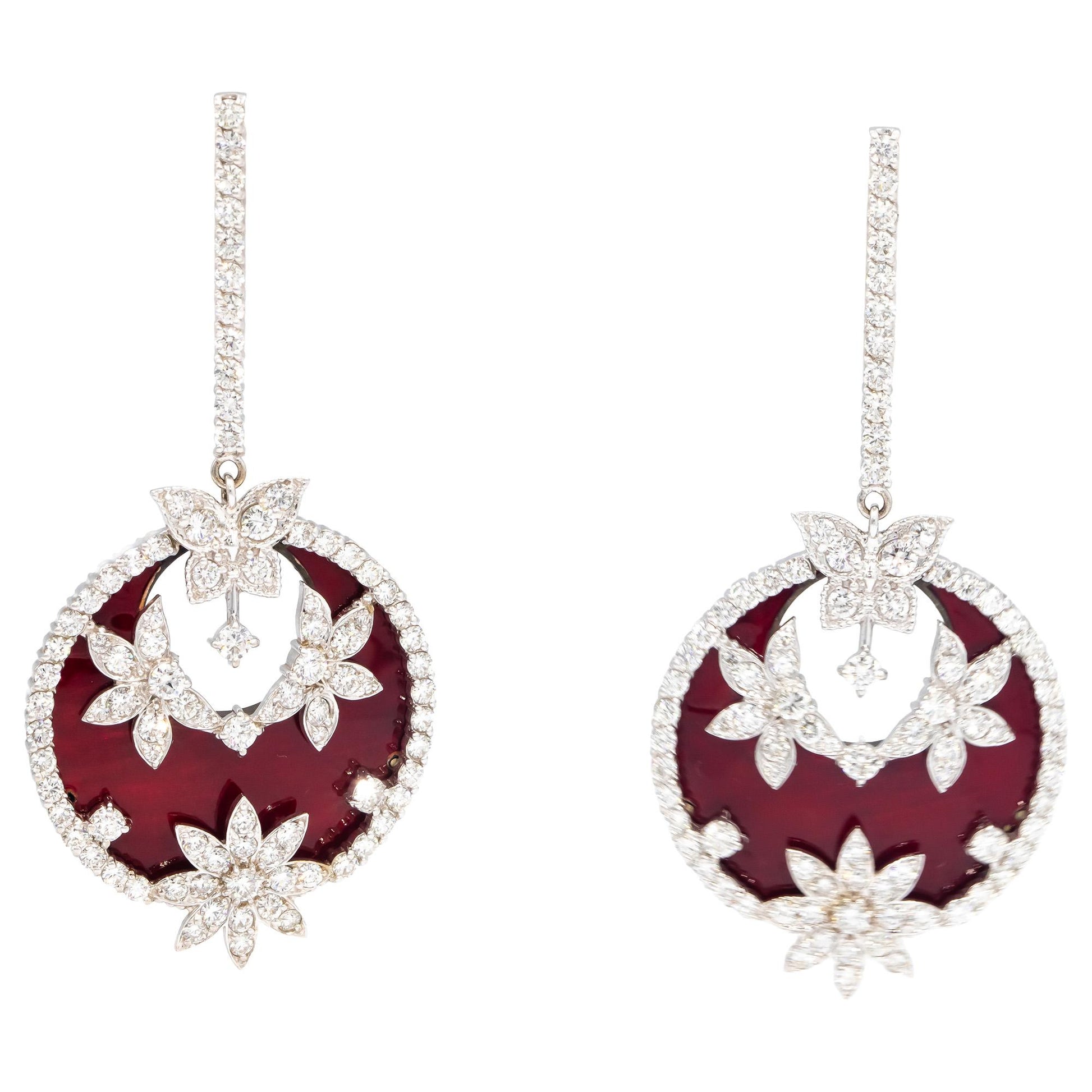 STAMBOLIAN 18k White Gold VS Diamond Red Enamel Floral Drop Earrings 8.10CT