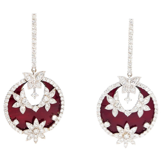 STAMBOLIAN 18k White Gold VS Diamond Red Enamel Floral Drop Earrings 8.10CT
