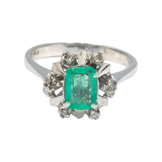 Vintage 18k White Gold 1.10CT Diamond and Emerald Cocktail Ring Size 7