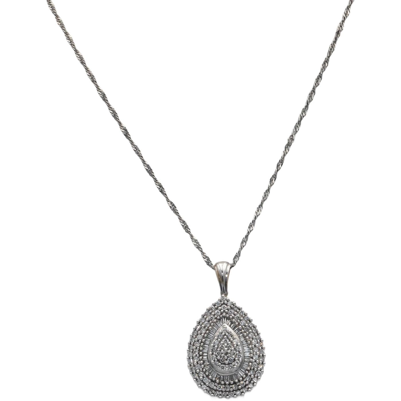 10k White Gold 1.0CT Diamond Cluster Pendant Chain Necklace