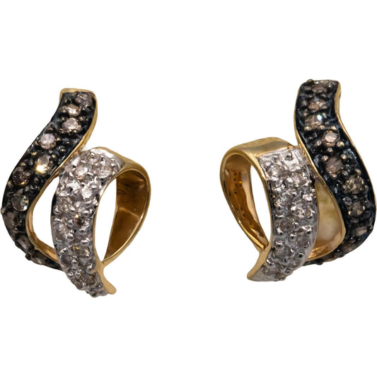 14k Yellow Gold 0.33CT White and Brown Diamond Ribbon Stud Earrings