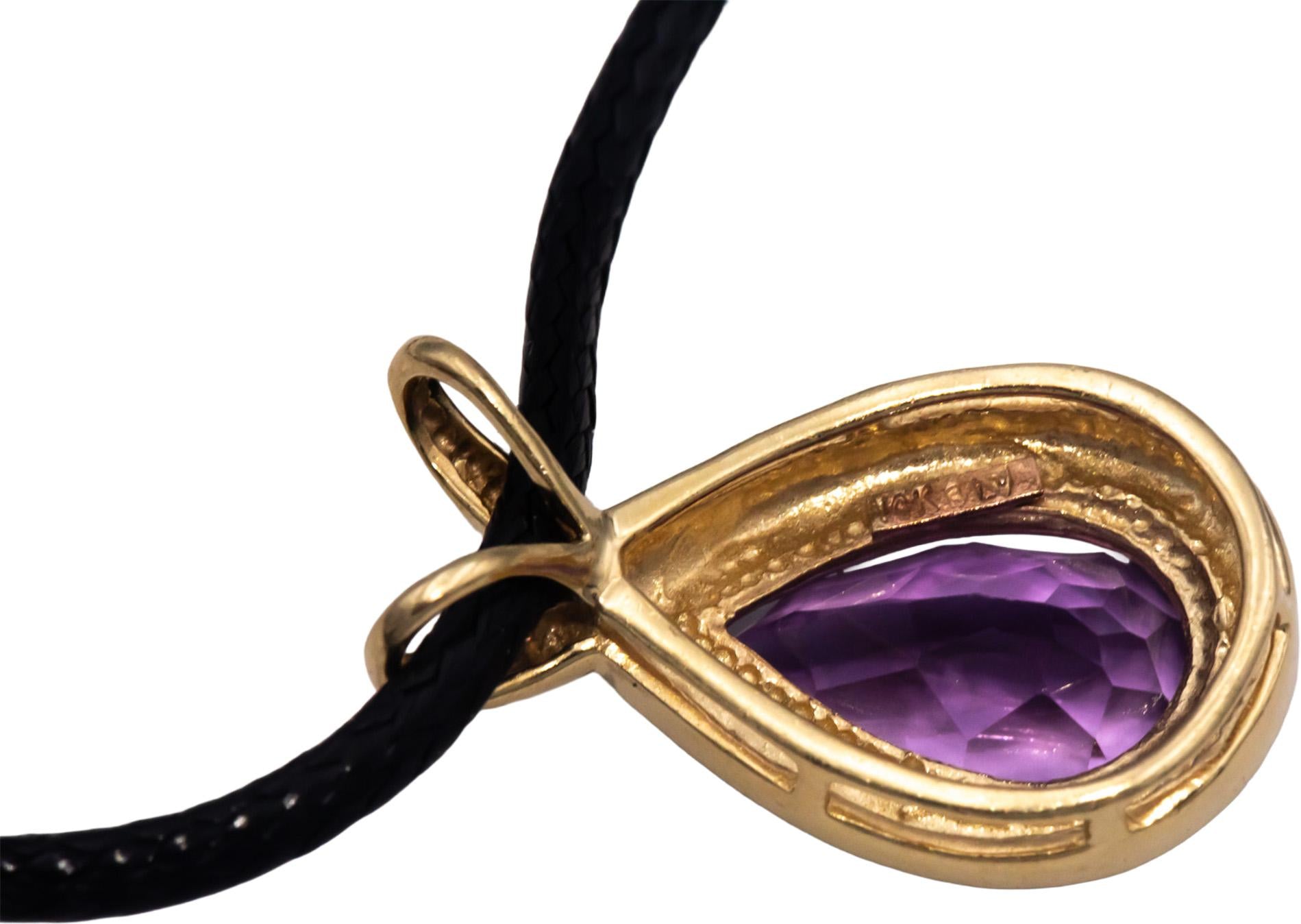 14k Yellow Gold 4.0CT Pear Cut Amethyst Pendant Cord Necklace