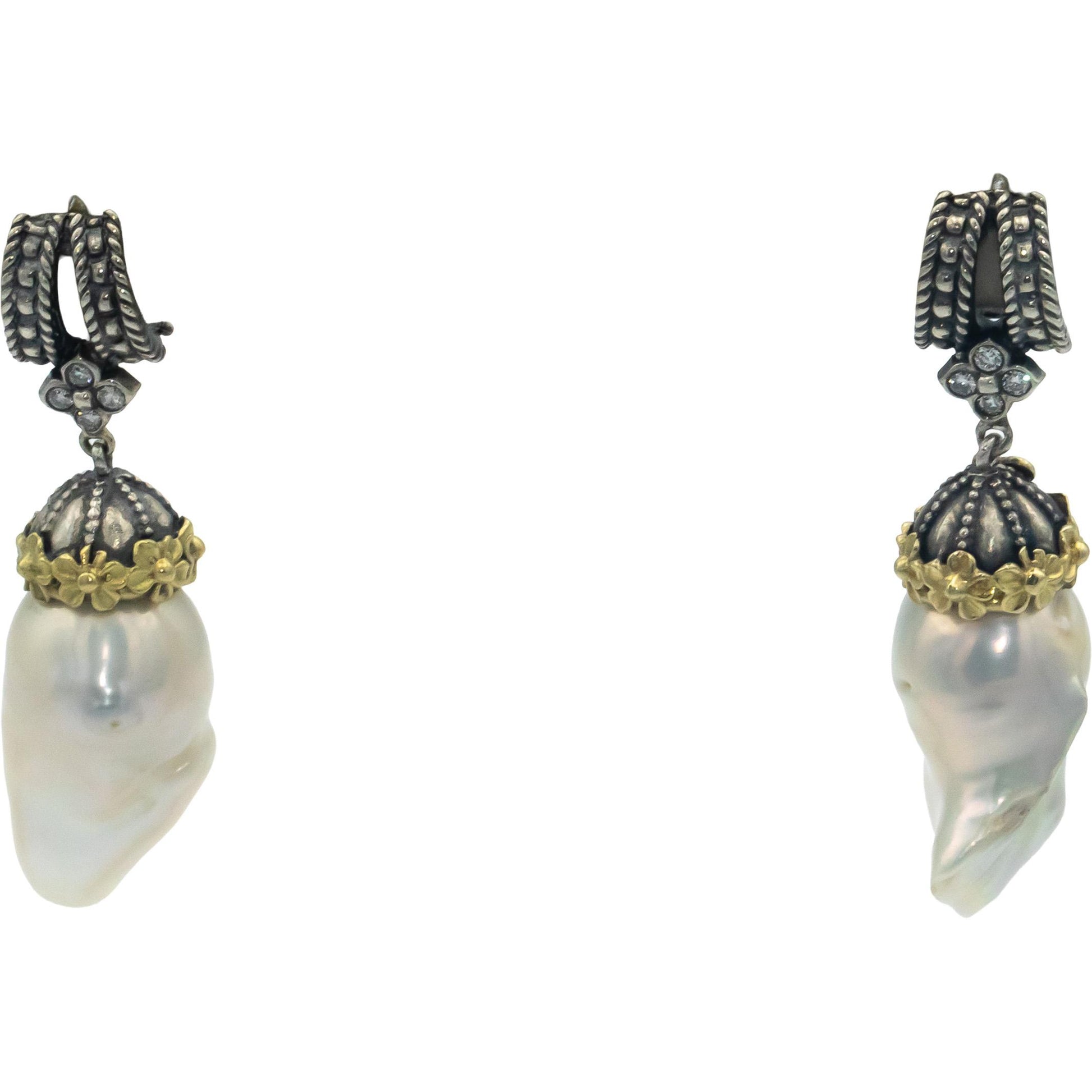 STAMBOLIAN 18k Gold Sterling Silver .14CT Diamond Freshwater Pearl Earrings