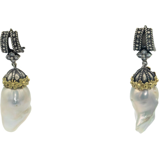 STAMBOLIAN 18k Gold Sterling Silver .14CT Diamond Freshwater Pearl Earrings