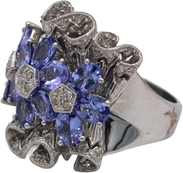 14k White Gold 4.25CT Diamond and Tanzanite Flower Cluster Ring Size 7