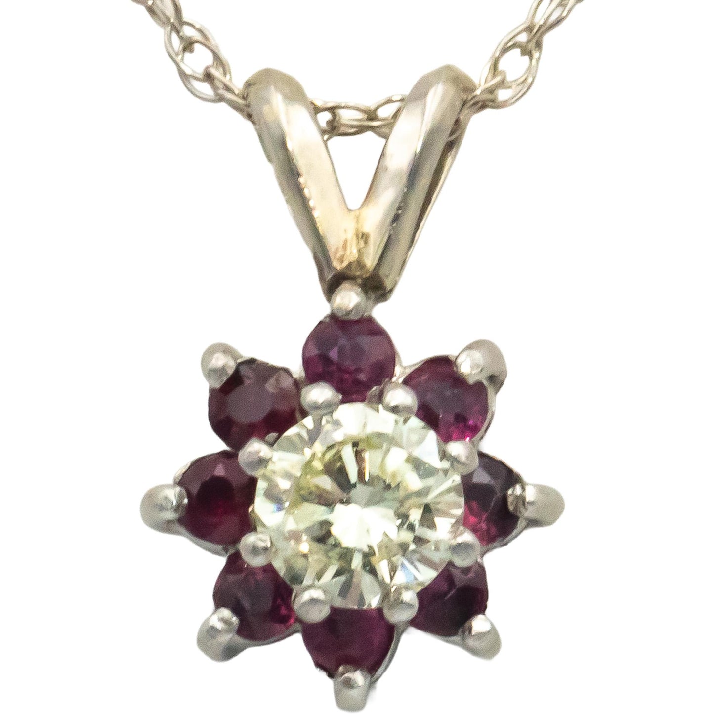 14k White Gold 0.49CT Diamond and Ruby Flower Pendant Chain Necklace