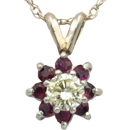 14k White Gold 0.49CT Diamond and Ruby Flower Pendant Chain Necklace