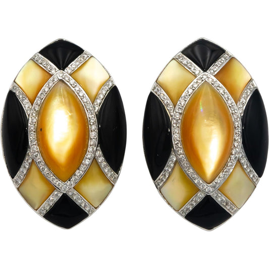 18k White Gold Diamond Mother of Pearl and Black Onyx Earrings 0.75CT