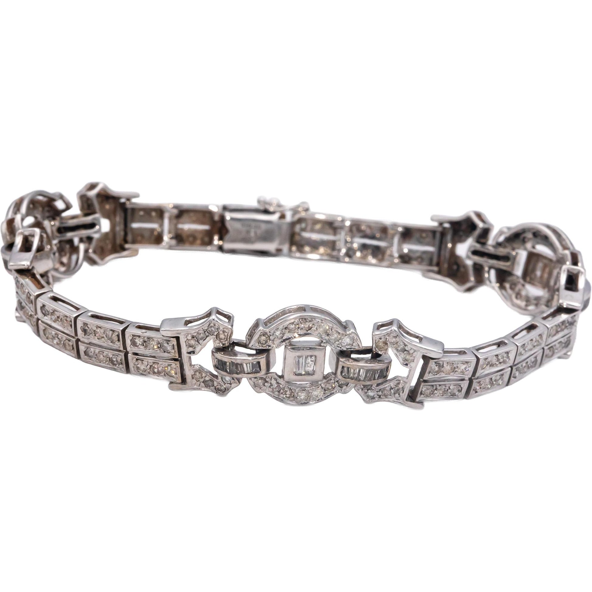 18k White Gold Round and Baguette Cut Diamond Fancy Link Bracelet 3.0CT