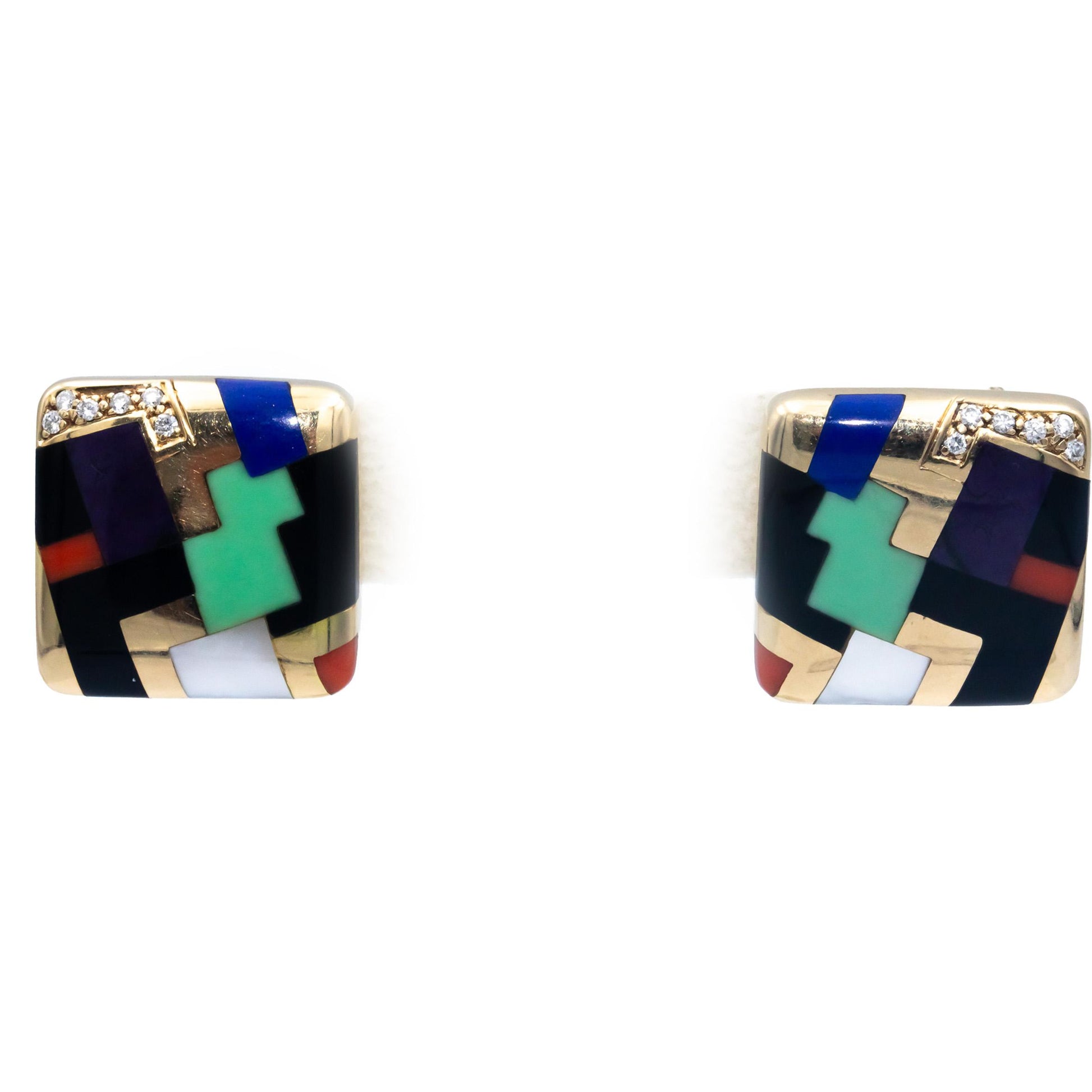 ASCH GROSSBARDT 14k Yellow Gold VS Diamond and Mosaic Gemstone Earrings 0.23CT