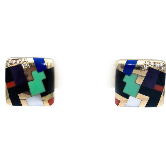 ASCH GROSSBARDT 14k Yellow Gold VS Diamond and Mosaic Gemstone Earrings 0.23CT