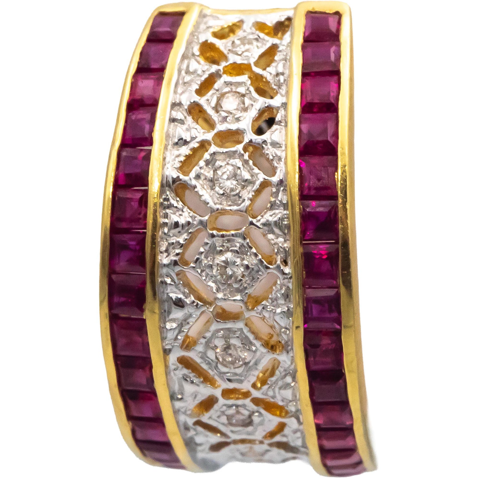 18k Yellow & White Gold 1.60CT Diamond and Ruby Curved Earrings