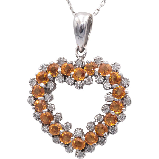 14k White Gold 1.83CT Diamond and Citrine Heart Pendant Necklace
