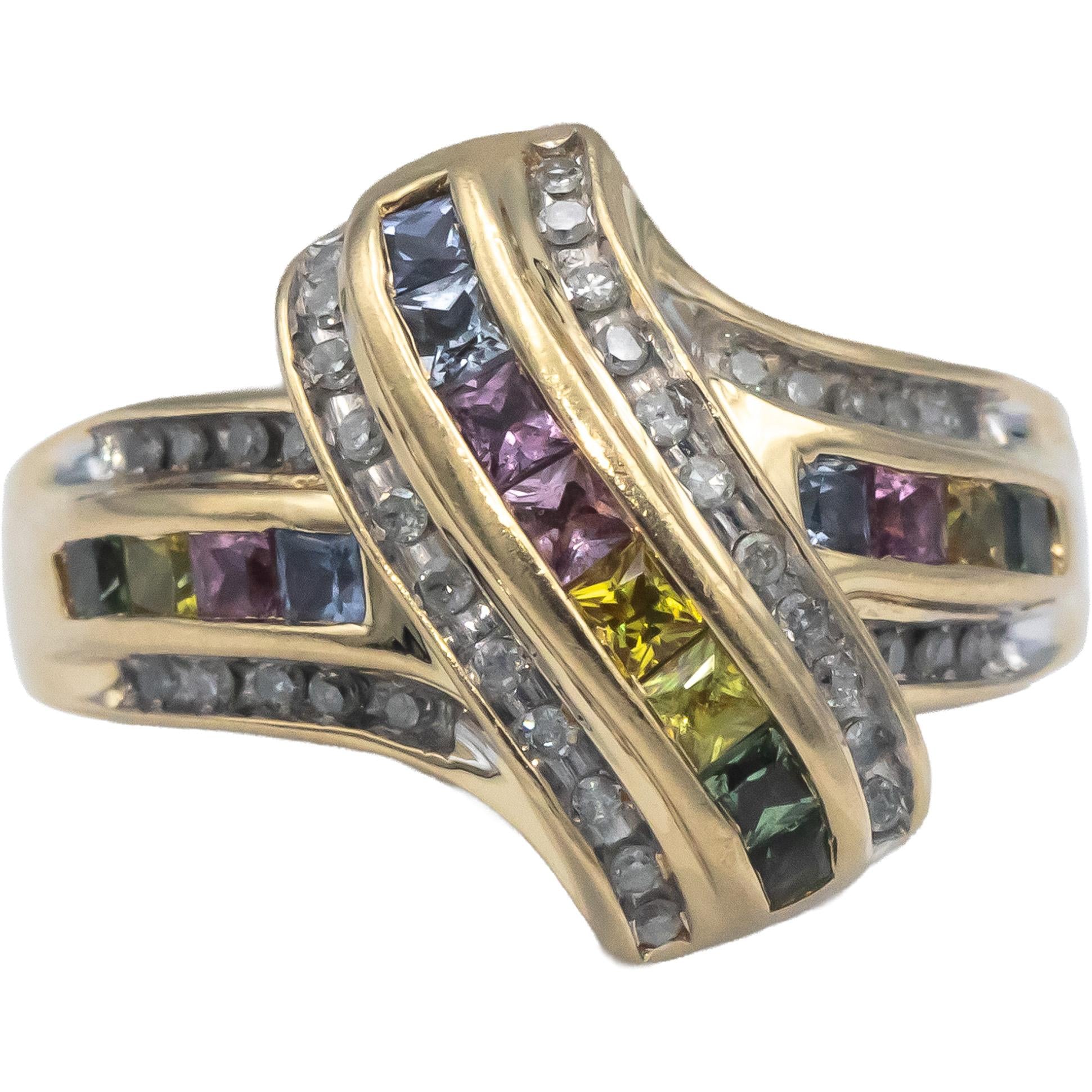 14k Yellow Gold 1.30CT Diamond & Rainbow Sapphire Crossover Ring Size 7.75