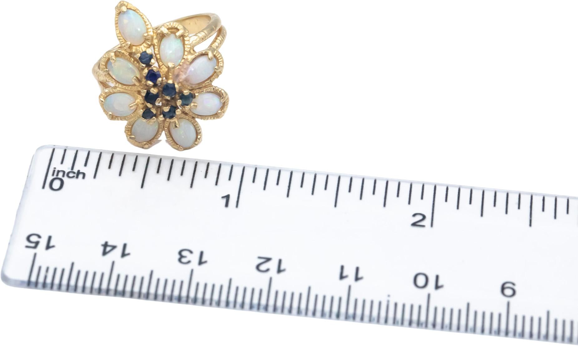 14k Yellow Gold 1.50CT Opal and Blue Sapphire Floral Cocktail Ring Size 6