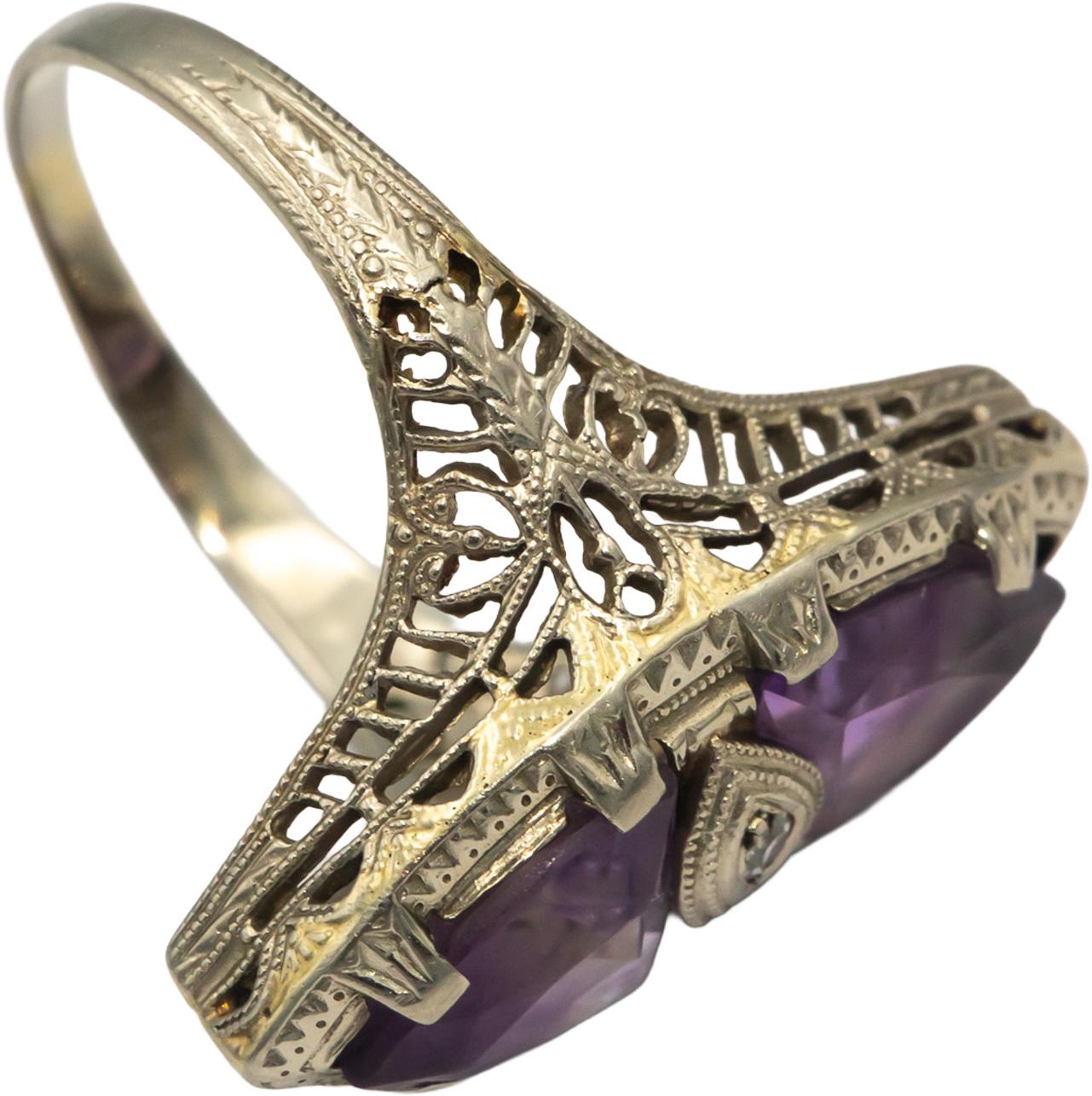 Antique Vintage 14k White Gold 3.0CT Amethyst Filigree Ring w/ Diamond Accents