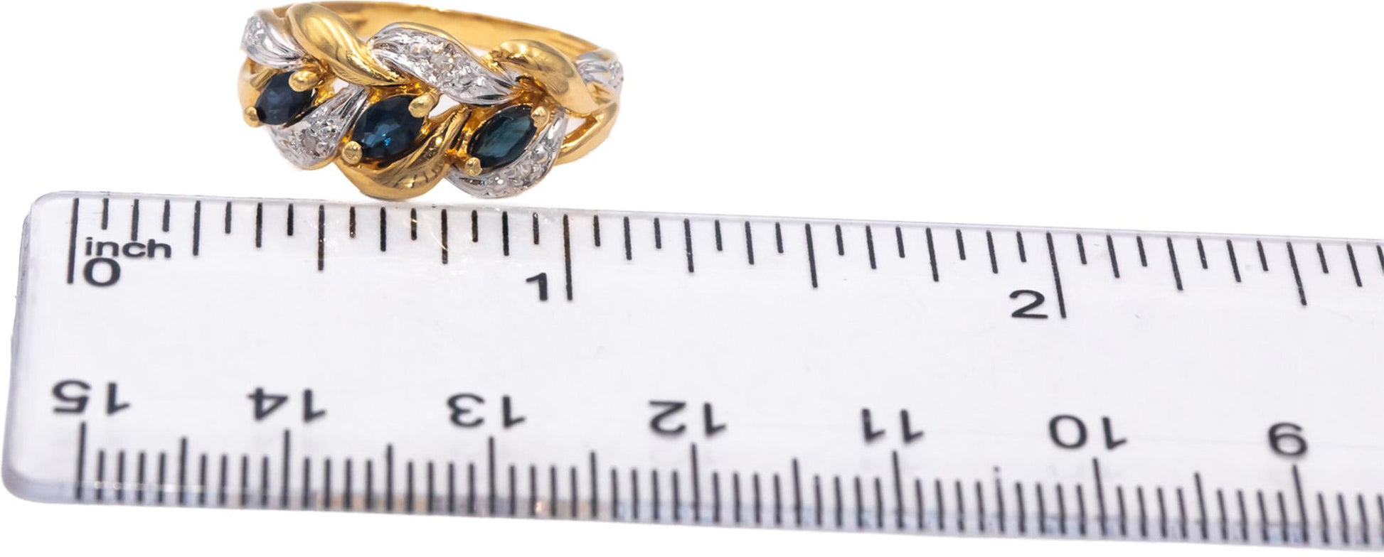 18k Yellow & White Gold Round Diamond Marquise Sapphire Ring 0.28CT Size 7