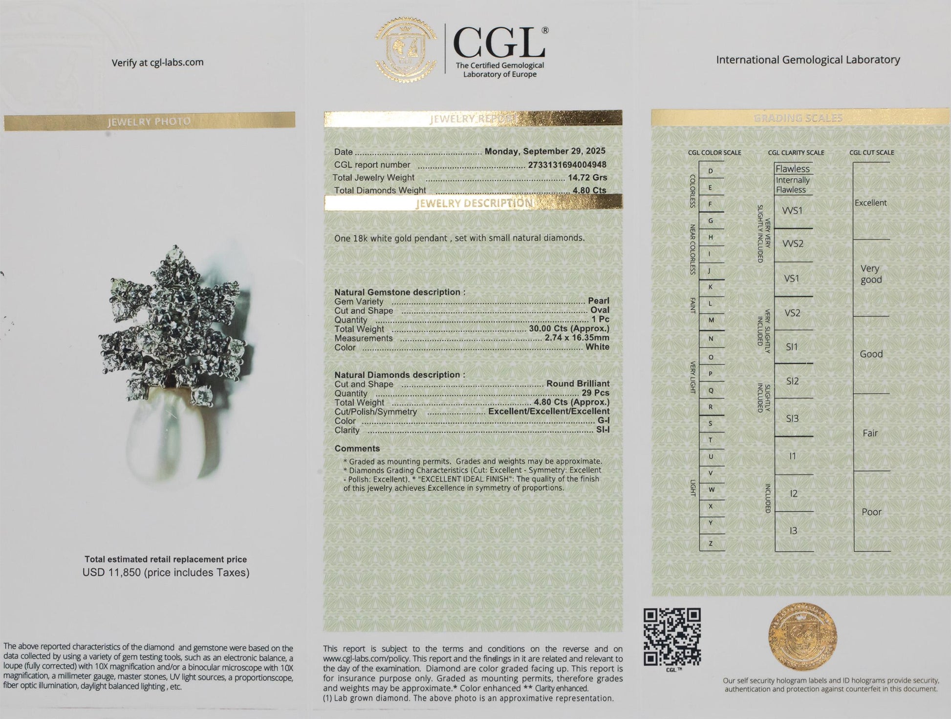 CGL 18k White Gold VS Round Diamond & 16.3 x 2.74mm Pearl Pendant 4.80CT