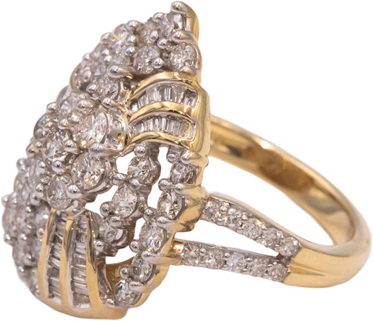10k Yellow Gold Round & Baguette Cut Cluster Cocktail Ring 2.0CT Size 7