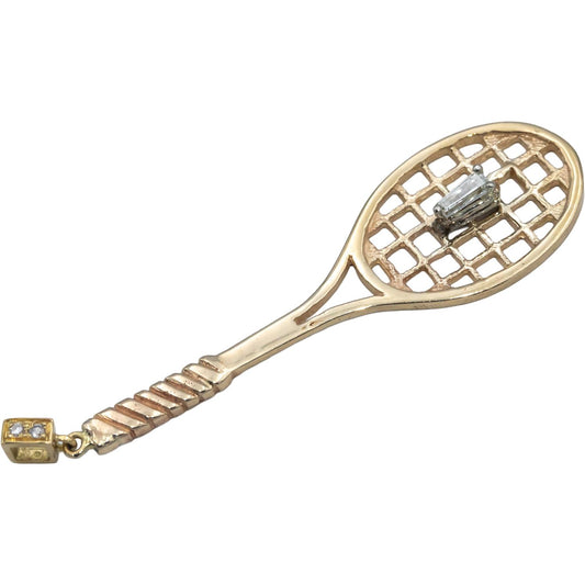 14k Yellow Gold VS Baguette & Round Diamond Tennis Racket Pendant 0.15CT
