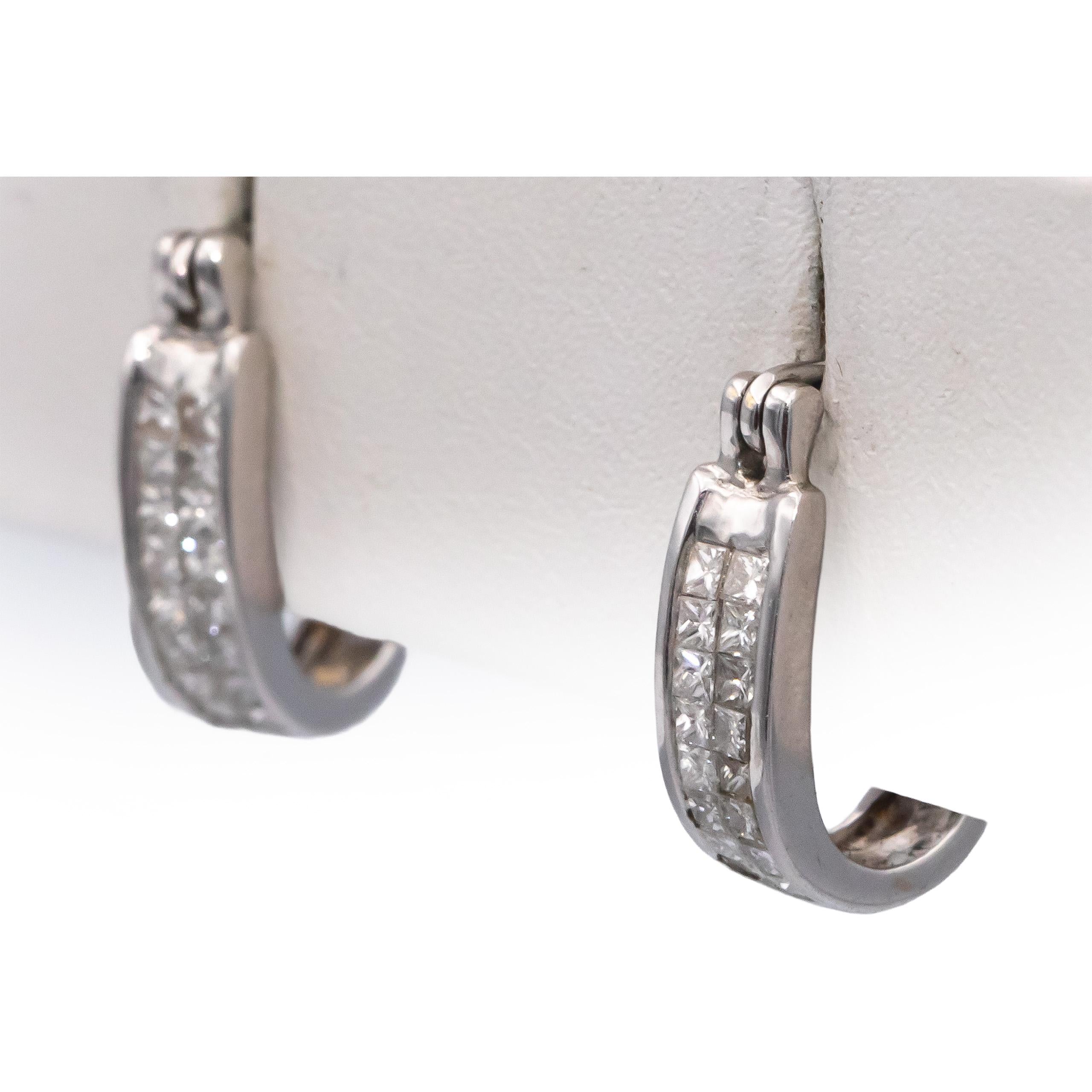 14k White Gold Princess Cut Invisible Set Huggie Hoop Earrings 0.50CT