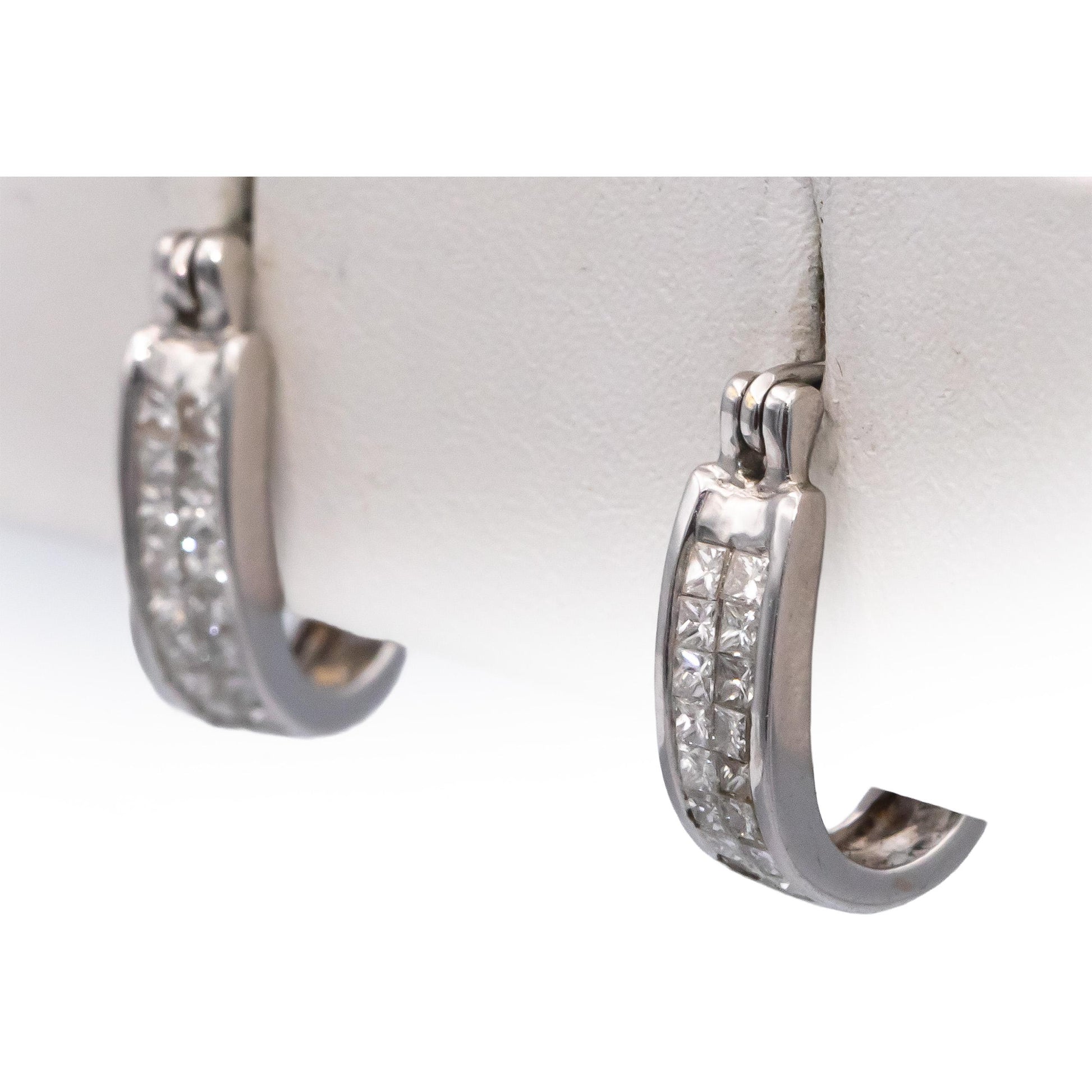 14k White Gold Princess Cut Invisible Set Huggie Hoop Earrings 0.50CT